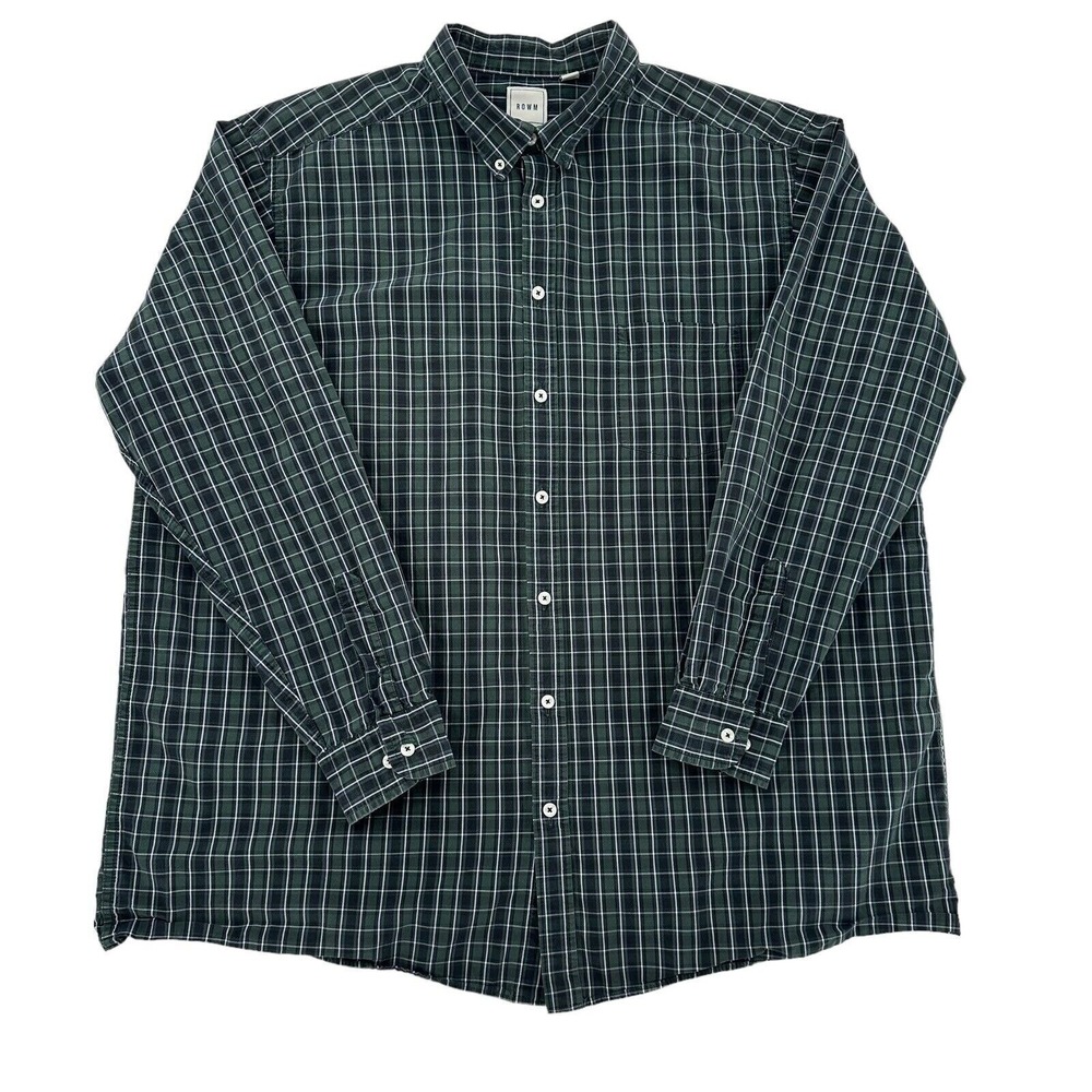 ROWM Mens 3X Tall Plaid Button Down Shirt Green Blue 100% Cotton Long Sleeve